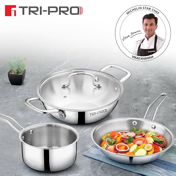 TriPro TriPly Stainless Steel 4 Pcs Cookware Set - Kadai 22cm (2L) with Glass Lid, Frypan 22cm (1.2L), Saucepan 14cm (1L), Consumes Less Oil, Healthy Cooking - Induction and Gas Stove Ready