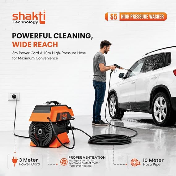[2026 Enhanced Edition] Shakti Technology S5 High Pressure Car Washer Machine 1900 Watts, Pressure 125 Bar, 8L/Min Flow Rate and 10 Meter Hose Pipe with Professional 1L Foam Cannon Snow Lance  (RD)