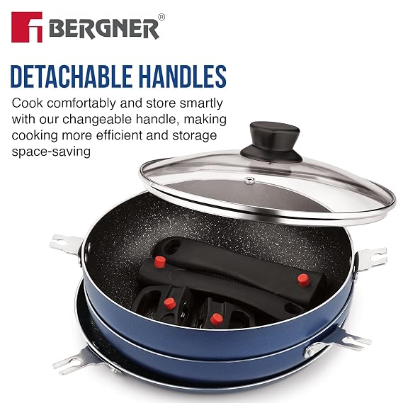 Bergner Sherry Plus 5-Layer Non-Stick Coating 6 Pcs Cookware Set with Induction Bottom and Detachable Handle, 24cm/2.5L Kadai with Lid, 24cm/1.6L Frypan, 25cm Dosa Tawa, 2 Nylon Spatulas(RD)