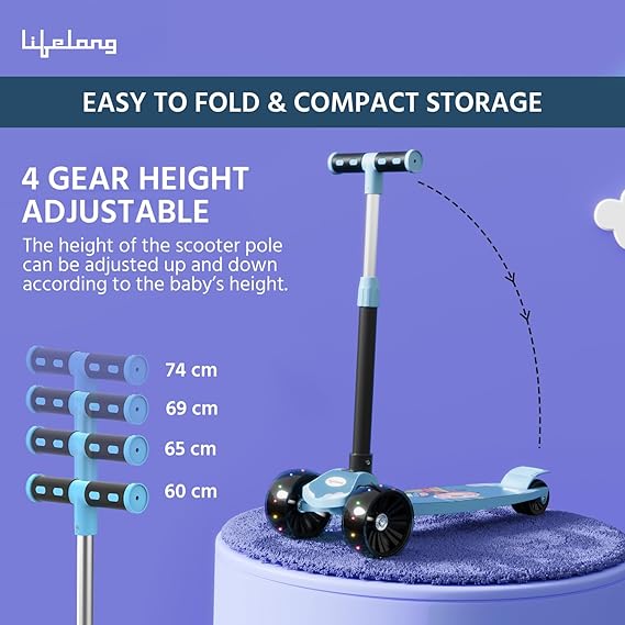 Lifelong Foldable Kids Kick Scooter with LED Wheels & Adjustable Height - Capacity 50kg- for Baby 3+ Year Old boy & Girl - Skate, Blue (ASL)