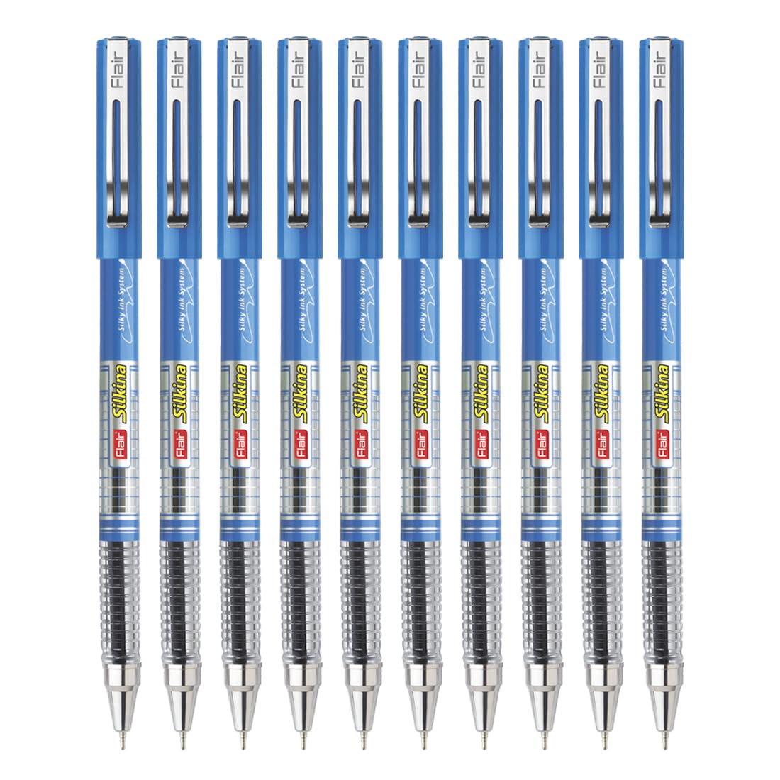 FLAIR Silkina Fine Tip Ball Pen Pack | Tip Size 0.7 mm | Comfortable Grip for Smooth Writing | School and Office Stationery | Blue Ink, Pack of 10