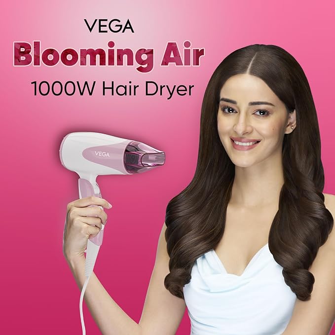 VEGA Blooming Air Foldable 1000-1200 Watts Hair Dryer for Women with Flexible Heat Setting & Detachable Nozzle,Automatic Overheat Cutout,Compact Quick Dry Blow Dryer