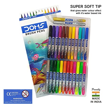 Doms Non-Toxic Multicolor 26 Shades Brush Pens Set | Super Soft Fine Tip Brush Pens | Diverse 26 Shades | Water Based Ink | Includes Gold & Silver Shades