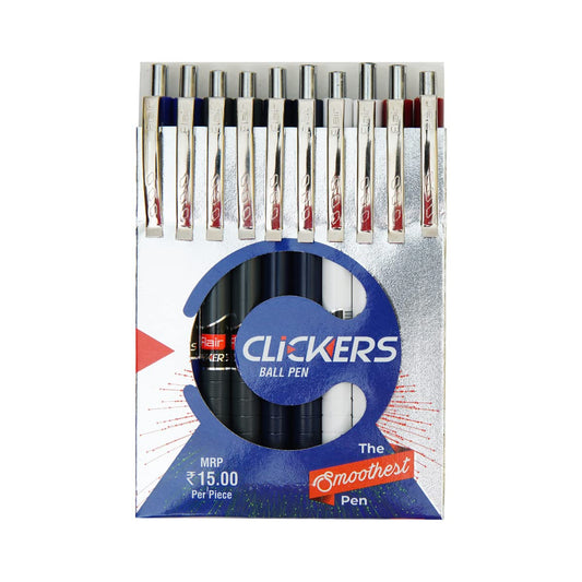 FLAIR Clickers Retractable Ball Pen Wallet Pack | Swiss Tip Technology For Smooth & Effortless Writing | Textured Grip With Chrome Plated Parts | Blue Ink, Set Of 10 Pens