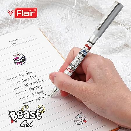 FLAIR Beast Gel Pen Box Pack | Waterproof Gel Ink | Attractive Body Colors & Designs With Stylish Metal Clip | Designed for Children Kids Girls Students Teens Gifts | Black Ink, Pack of 10