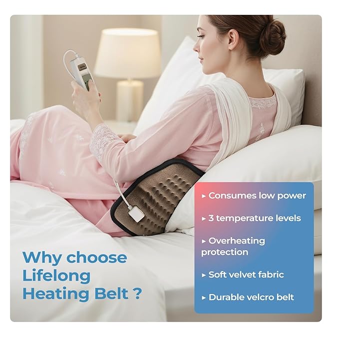 Lifelong Electric Heating Belt for Pain Relief | Heating Pad for Back, Shoulder, Knee, and Period Cramps | 3 Heat Settings with Auto Shut Off | 4-Layer Insulation for Safe & Comfortable Use (LLHB120)