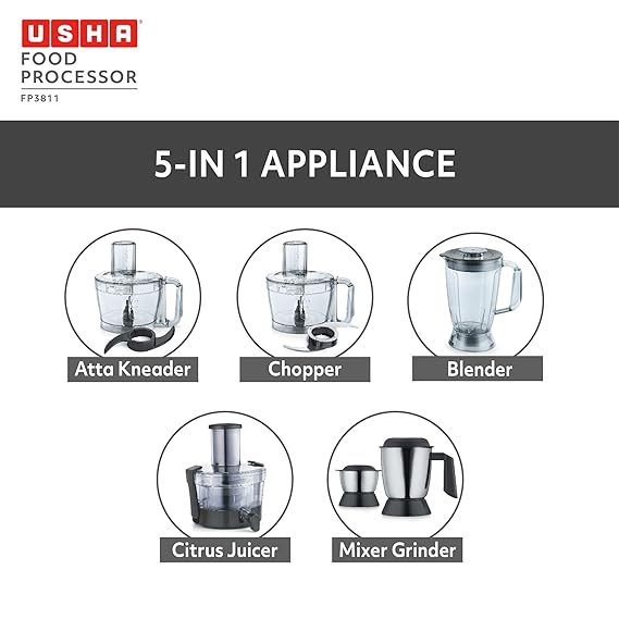 Usha FP 3811 Food Processor 1000 Watts Copper Motor with 13 Accessories(Premium SS Finish), Black and Steel (SD)