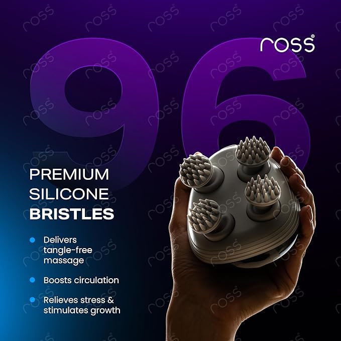 Ross Rechargeable Electric Scalp Massager for Hair Growth & Stress Relief | 4 Rotating Heads, 96 Silicone Kneading Points | 3 Massage Modes | IPX7 Waterproof | Cordless USB-C Head & Body Massager