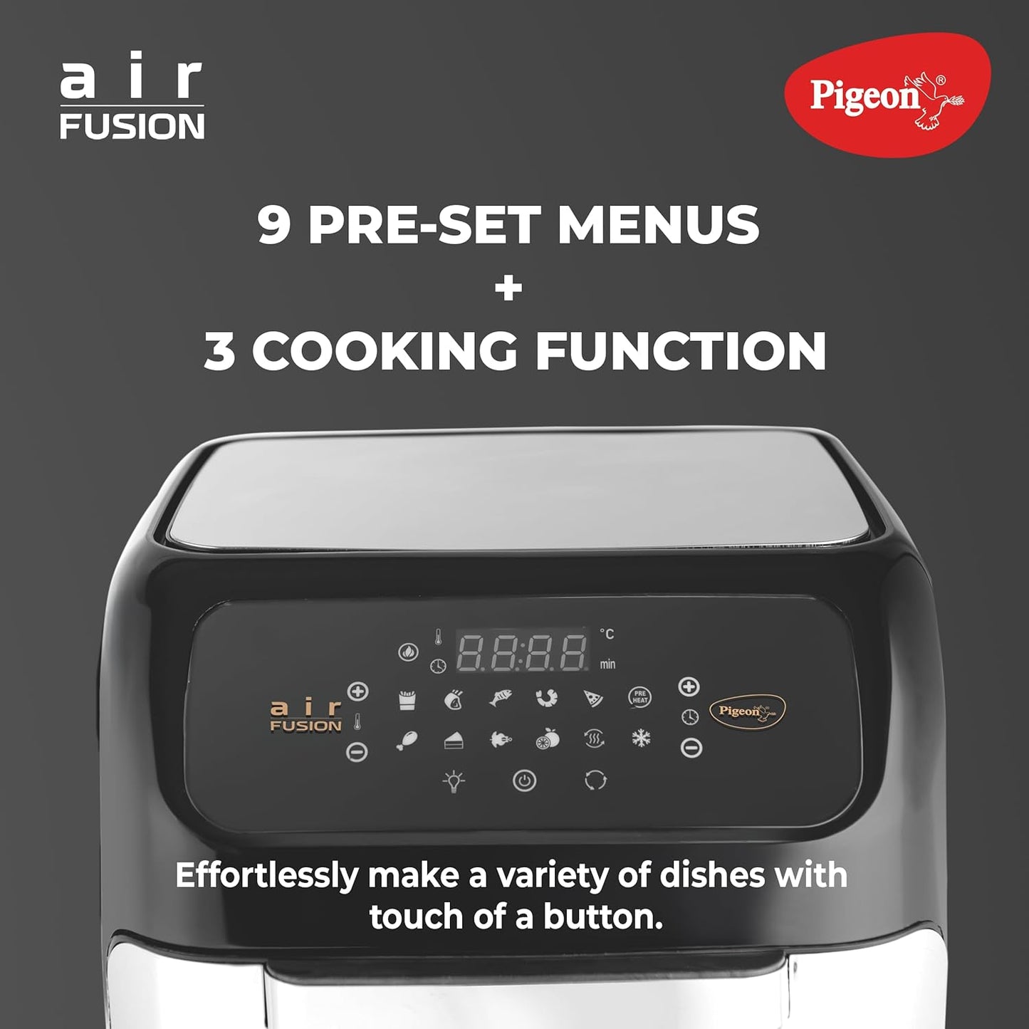 Pigeon 12L Air Fryer Oven (2-in-1 OTG + Air Fryer) | 1800W | Digital Touchscreen | 9 Preset Menus | Rotisserie | 7 Accessories Included | Air Fry, Bake, Broil, Toast, Defrost | 2Y Warranty | Black