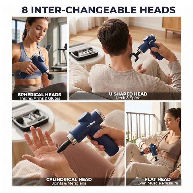 Lifelong Gun Massager for Pain Relief – 8 Massage Heads, 6 Speed Modes, Rechargeable, Quiet 20W Motor, Lightweight & Portable Deep Tissue Massager for Back, Neck, Legs & Travel Use