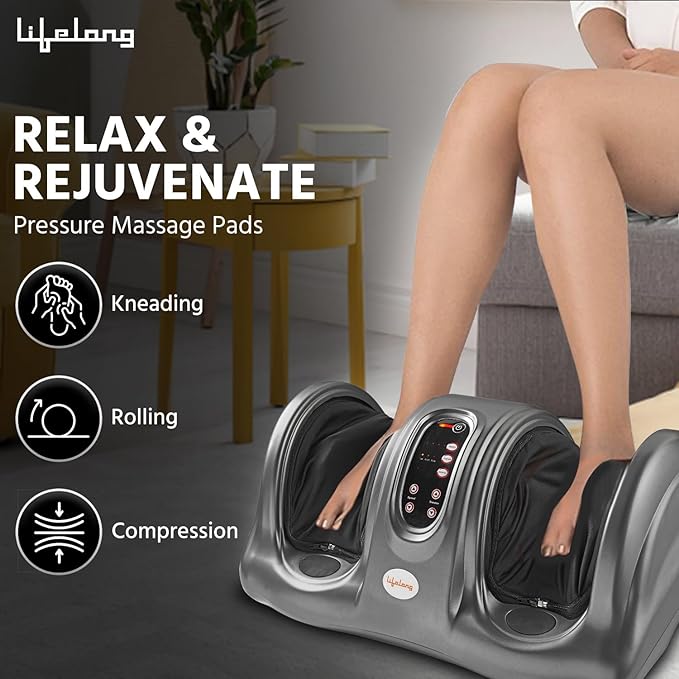 Lifelong Foot Massager Machine For Pain Relief With Kneading Function - Also Used As Leg Calf Massager - Corded Electric Foot Massage Machine For Home With Customizable Settings (LLM360, Grey)