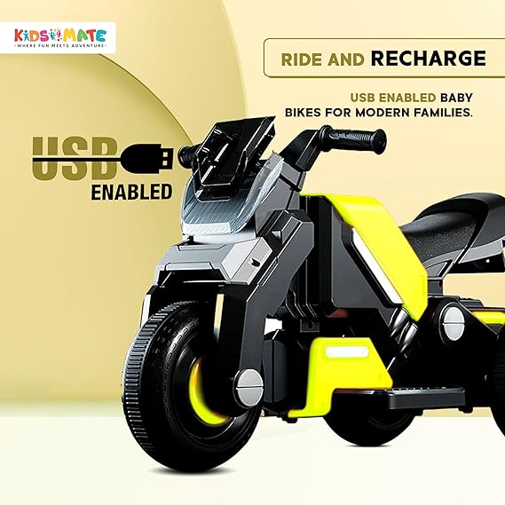 Kidsmate Hyrider 6V Electric Kids Bike with Rechargeable 6.5 Ah Battery Inbuilt Imported Motor Drive | Music Player, Front LED Light & Foot Accelerator Pedal Bike for Ages 1-4 Years (ASL)