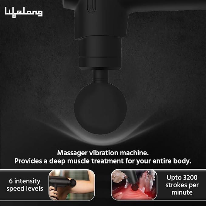 Lifelong LLGM109 Percussion Massage Gun for Pain Relief, Deep Tissue, 6 Speeds & 7 Massage Heads, Cordless, Quiet Operation for Neck, Shoulders, Back, Arms, Legs & Feet (Black)
