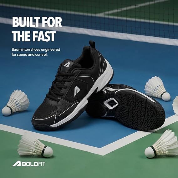 Boldfit Badminton Shoes for Man Lightweight Non Marking Shoes for Badminton Breathable Anti Skid Shoe for Man Shuttle Non Marking Indoor Shoe for Pickleball, Tennis, Padel, Black White   (ASL)