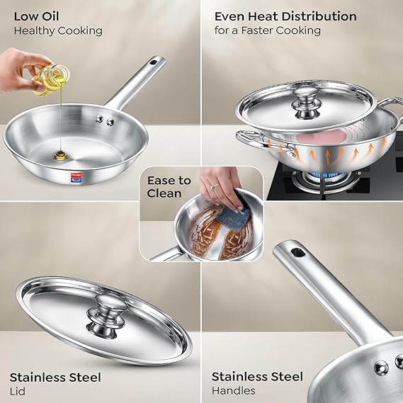 Prestige TRIPLY 4 Pc Cookware Set | TRIPLY Splendid | Fry Pan 22cm/1.9L | Kadai 22cm/2.5L | Sauce Pan 14cm/1.3L | SS Lid 24cm | Gas & Induction Compatible | Even Heat Distribution | 15Y Warranty | ISI