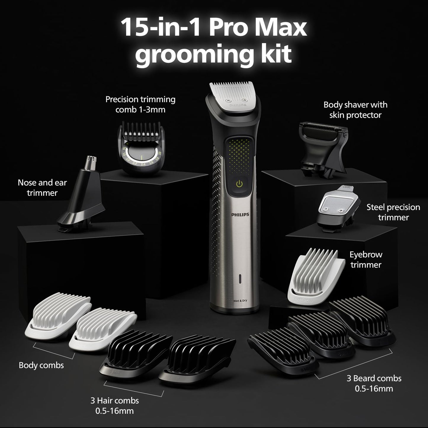 Philips India's No.1 Men's Trimmer | Pro Beardsense Technology | 15-In-1 Pro Kit - Face, Body & Private Parts | 3 Year Warranty | 120Min Runtime | 5 Min Quick Charge MG9551/65,Black