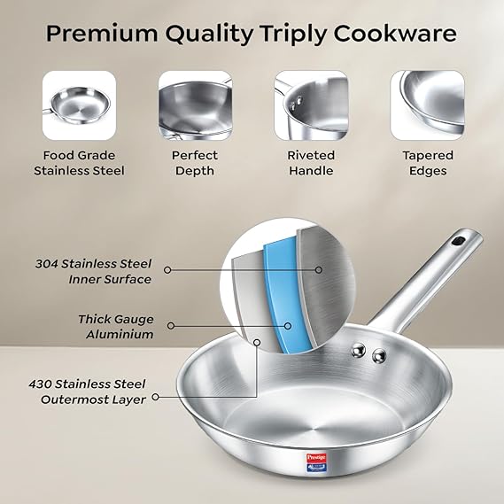 Prestige TRIPLY 4 Pc Cookware Set | TRIPLY Splendid | Fry Pan 22cm/1.9L | Kadai 22cm/2.5L | Sauce Pan 14cm/1.3L | SS Lid 24cm | Gas & Induction Compatible | Even Heat Distribution | 15Y Warranty | ISI