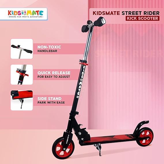 Kidsmate Street Rider Kick Scooter for Kids of Age 6-13 Years | 2 Wheel Scooter, Foldable Design, 3 Adjustable Height Option with Rear Braking | Max User Weight 50kg  (ASL)