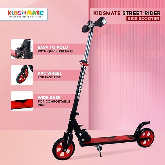 Kidsmate Street Rider Kick Scooter for Kids of Age 6-13 Years | 2 Wheel Scooter, Foldable Design, 3 Adjustable Height Option with Rear Braking | Max User Weight 50kg  (ASL)
