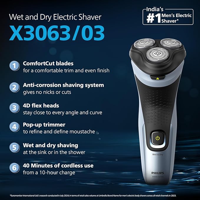 Philips Electric Shaver For Men, Skinprotect Technology, Wet And Dry Shave, 3D Floating Heads, 27 Self Sharpening Blades, Pop-Up Trimmer, Cordless, Waterproof X3063/03