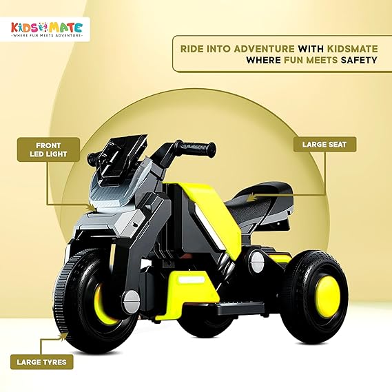 Kidsmate Hyrider 6V Electric Kids Bike with Rechargeable 6.5 Ah Battery Inbuilt Imported Motor Drive | Music Player, Front LED Light & Foot Accelerator Pedal Bike for Ages 1-4 Years (ASL)