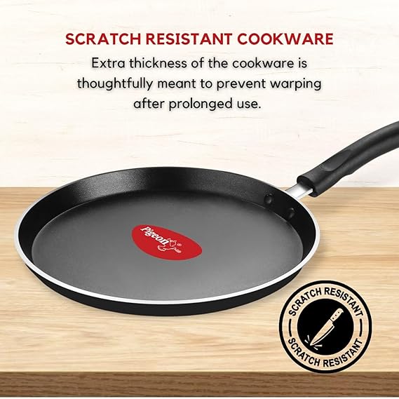 Pigeon Mio Nonstick Aluminum Cookware Gift Set, Includes Flat Tawa, Fry Pan, Kadai with Glass Lid, Kitchen Tool Set, Black, 8 Pieces (RD)