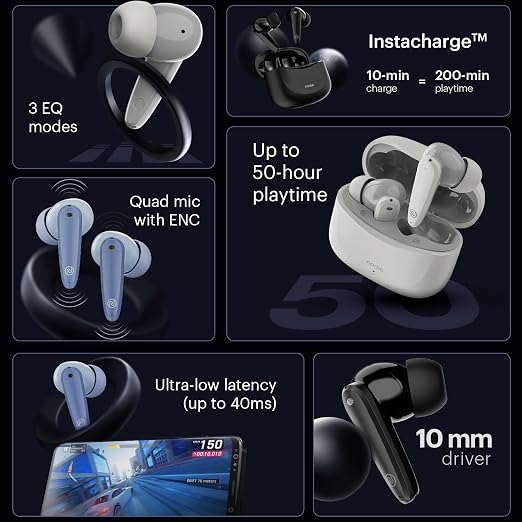Noise Buds VS106 Truly Wireless in-Ear in Ear Earbuds with 50H Playtime, Quad Mic with ENC, Instacharge(10 min=200 min),Ultra-Low Latency(up to 40ms), 10mm Driver, and BT v5.3  (SD)