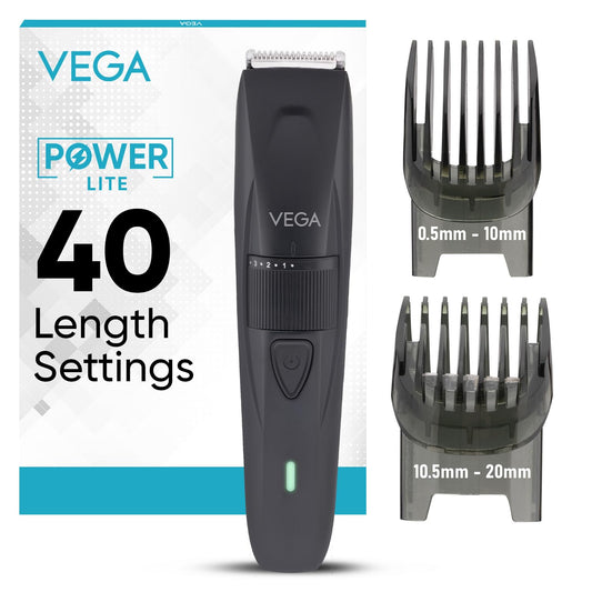 Vega Trimmer Men Beard with 90 Mins Runtime, Stainless Steel Blades & 40 Length Settings, 2 Comb Attachment, Trimmers for Man, USB Type C, Charging Indicator, Travel Lock, Black, (Power Lite, VHTH-38)
