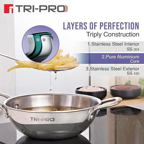 TriPro TriPly Stainless Steel 4 Pcs Cookware Set - Kadai 22cm (2L) with Glass Lid, Frypan 22cm (1.2L), Saucepan 14cm (1L), Consumes Less Oil, Healthy Cooking - Induction and Gas Stove Ready