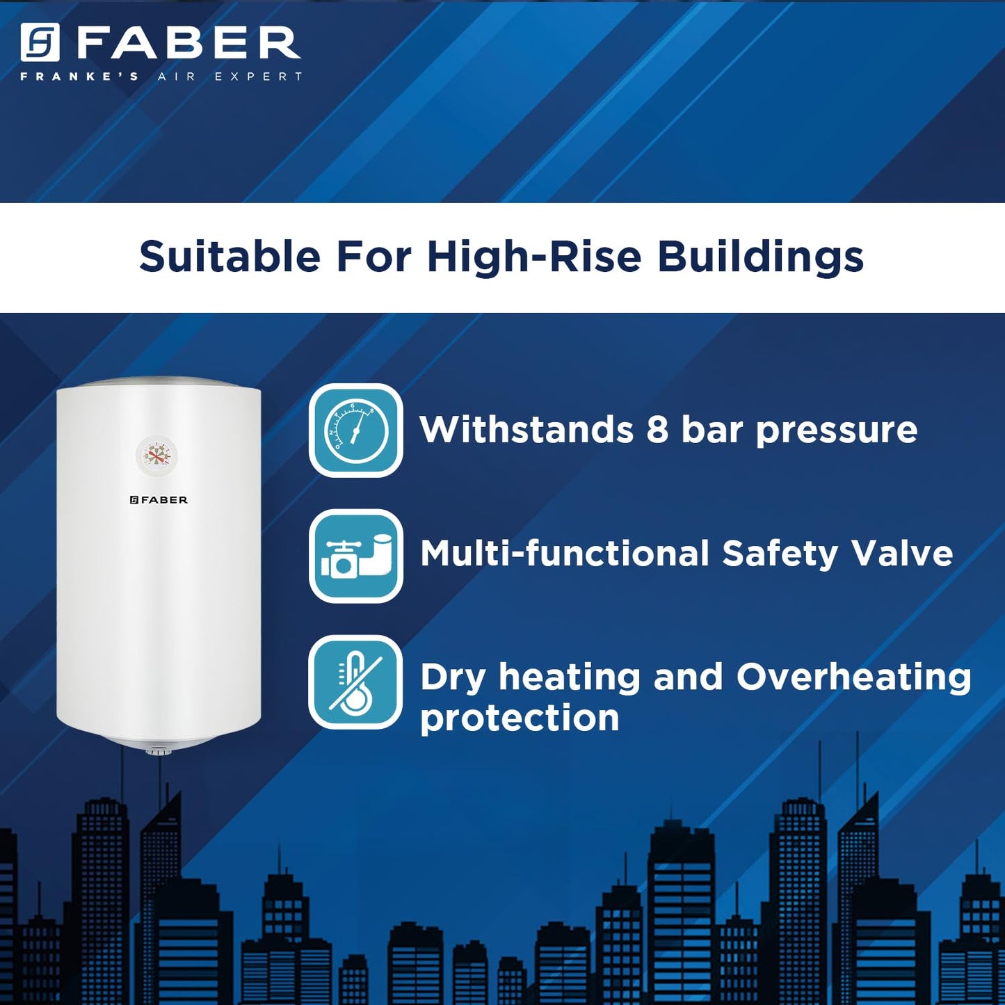 Faber Jazz Elite 50L Vertical Storage Water Geyser | Heating Indicator, 8 Bar Pressure, Titanium Glassline Coated Tank, Temperature Control, MFV Safety Valve, Thermal Cut-Off | 2000W, 4 Star | (White)