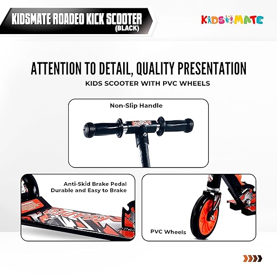 Kidsmate Roadeo Metal Kick Scooter for Kids | Adjustable Height Scooter | Foldable & Attractive PVC Wheels with Rare Brakes for Kids of Age 3+ Years (ASL)