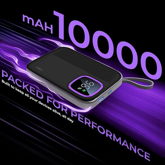 VIDA VoltBox 10-10000mAh Power Bank, 22.5 W Fast Charging, Digital LED Display, Integrated USB-C & Lightning Cables, Compact Portable Charger for Mobile Phones, Tablets, Cameras & Speakers (SD)