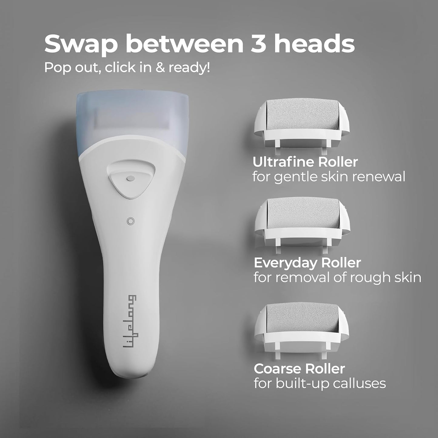 Lifelong PediGlide Soft+ 3-in-1 Callus Remover For Feet | Electronic Foot Scrubber for Dead Skin | 3 Changeable Roller Heads | Focus Light | Dual Speed Settings | Crack Heel Repair Pedicure Machine