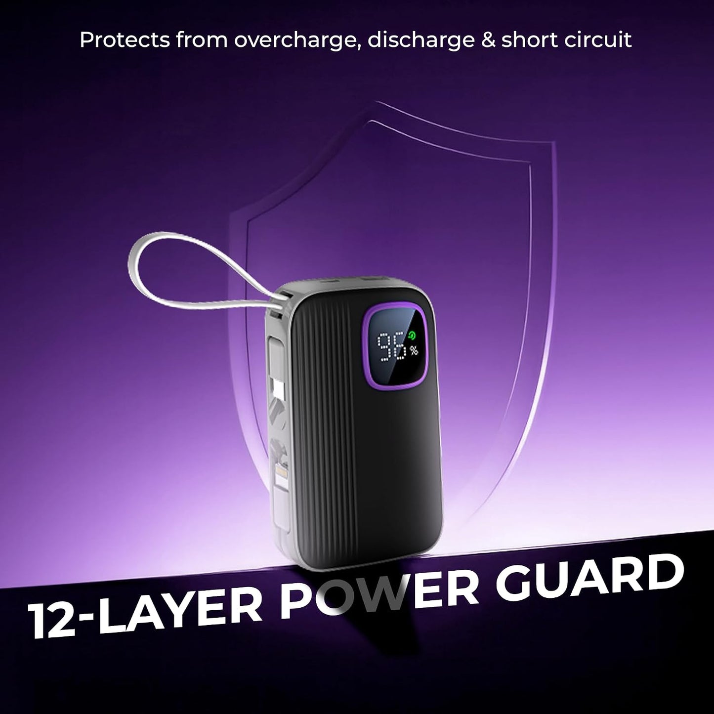 VIDA VoltBox 10-10000mAh Power Bank, 22.5 W Fast Charging, Digital LED Display, Integrated USB-C & Lightning Cables, Compact Portable Charger for Mobile Phones, Tablets, Cameras & Speakers (SD)