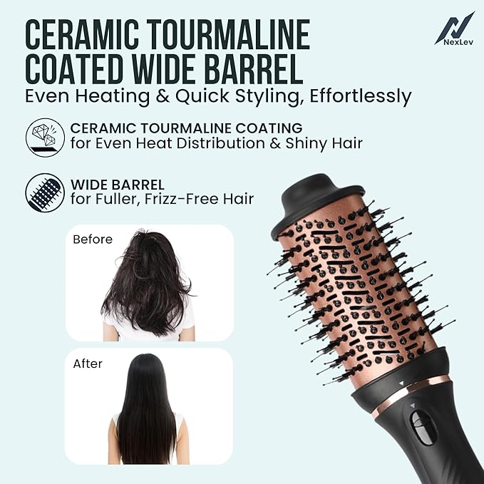 NexLev Hot Air Brush For Hair | V-03 3 in 1 Volumizer Hair Blow Dry Brush with 1.5 Inch Barrel, Ceramic Tourmaline Coating, 1200W, Dual Bristle for Tangle Free Salon Styling