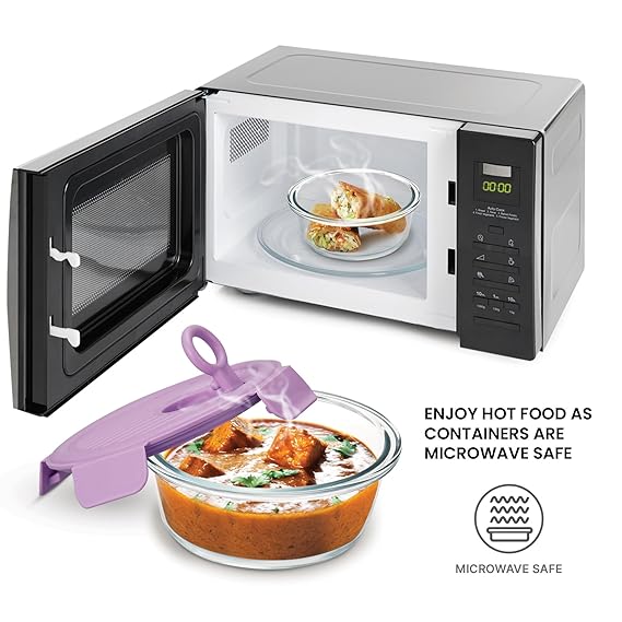 Treo by Milton Lumino Fresh Round Borosilicate Glass Lunch Box Set of 3, Purple Lid, 400 ml Each with Lunch Bag, Microwave & Dishwasher Safe, Leak Proof Containers Office Tiffin Visit the Treo Store