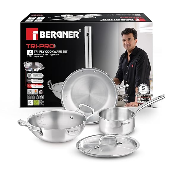 Bergner Tripro Triply Stainless Steel 4 Pc Cookware Set, 24 cm Indian Wok/Kadai with Lid, 22 cm Frypan, 16 cm Tea Pan, Even and Fast Heating, Induction Bottom, Gas Ready, Silver (RD)