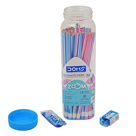 Doms Zoom Ultimate Dark Triangle Pencil | Jar Pack, 30 Pieces | Contains Pencils, Sharpener, Eraser & Scale, Multicoloured