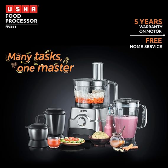 Usha FP 3811 Food Processor 1000 Watts Copper Motor with 13 Accessories(Premium SS Finish), Black and Steel (SD)