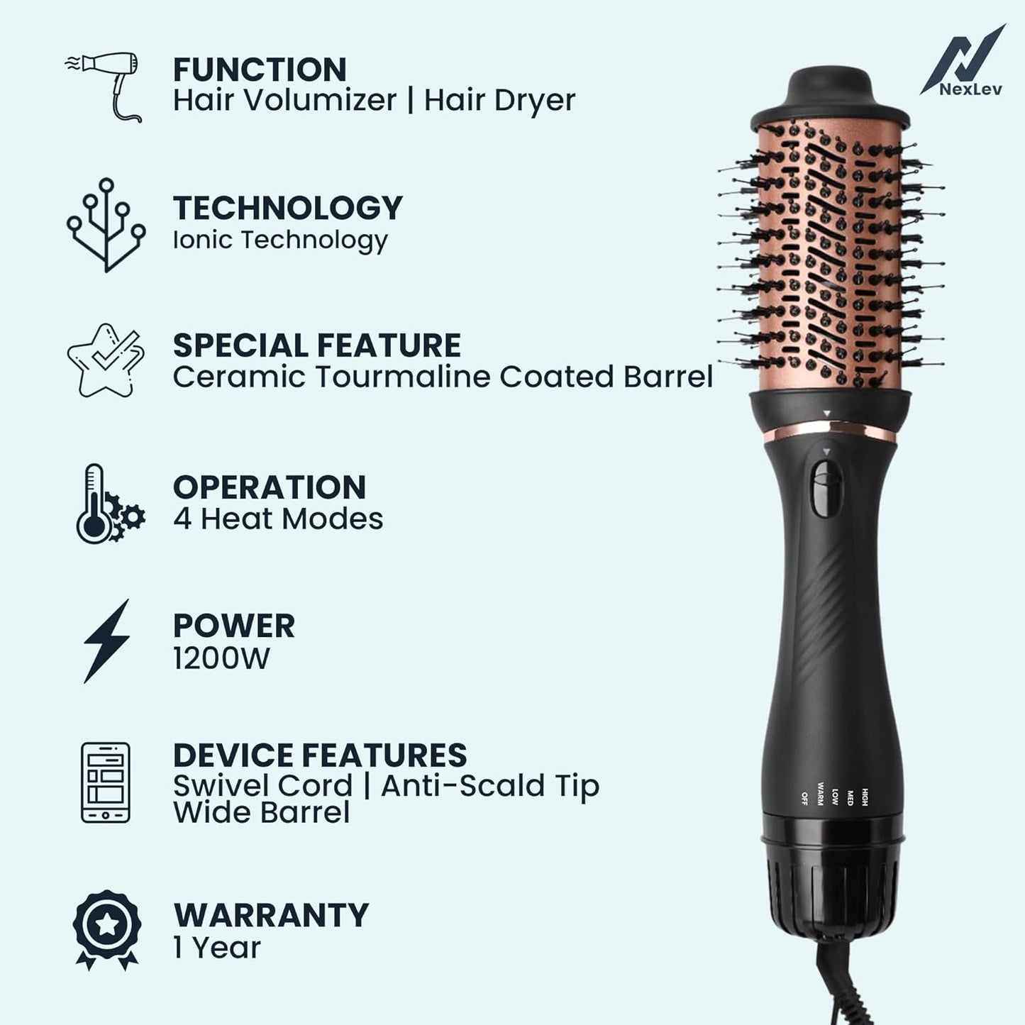 NexLev Hot Air Brush For Hair | V-03 3 in 1 Volumizer Hair Blow Dry Brush with 1.5 Inch Barrel, Ceramic Tourmaline Coating, 1200W, Dual Bristle for Tangle Free Salon Styling