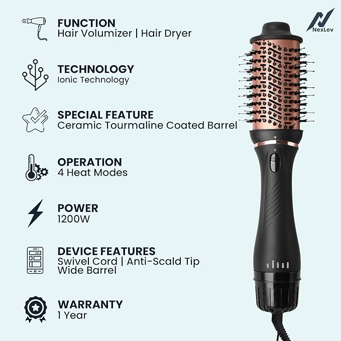 NexLev Hot Air Brush For Hair | V-03 3 in 1 Volumizer Hair Blow Dry Brush with 1.5 Inch Barrel, Ceramic Tourmaline Coating, 1200W, Dual Bristle for Tangle Free Salon Styling