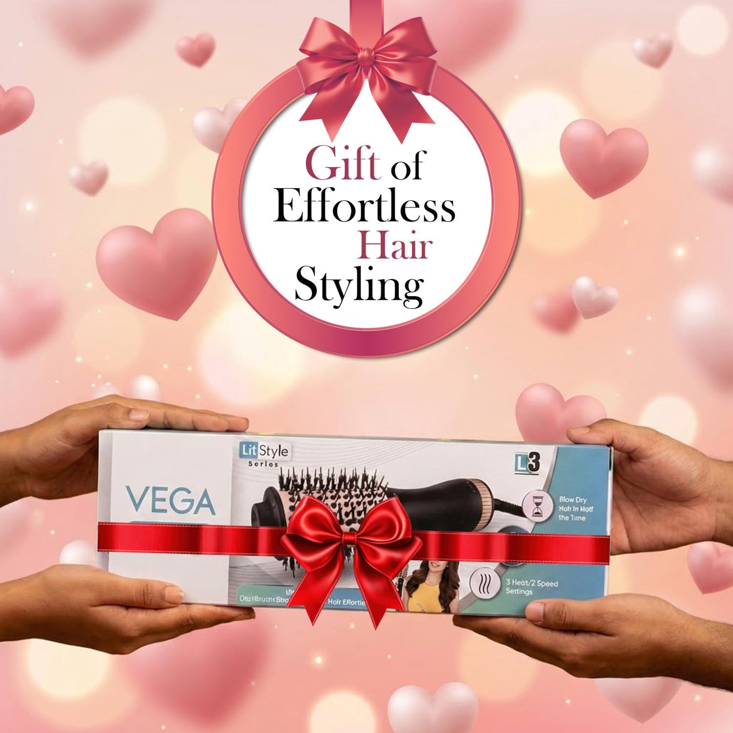 VEGA Litstyle L3 Volumizer Hair Blow Dryer Brush With 3 Heat/2 Speed Settings, 360° Airflow Vent, 3 in 1 Compact Hot Air Brush For Women, Tourmaline Ceramic Coated Barrel, 500 Watts, (VHSD-03)