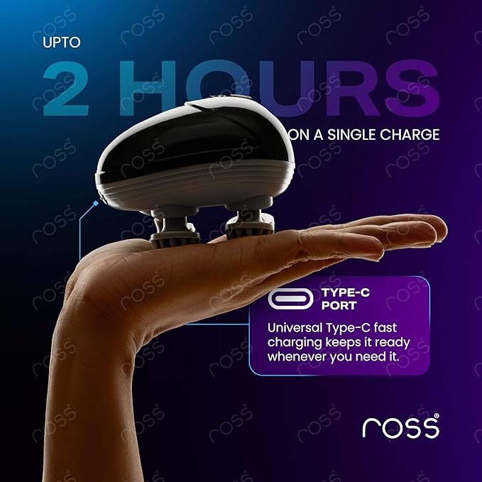 Ross Rechargeable Electric Scalp Massager for Hair Growth & Stress Relief | 4 Rotating Heads, 96 Silicone Kneading Points | 3 Massage Modes | IPX7 Waterproof | Cordless USB-C Head & Body Massager