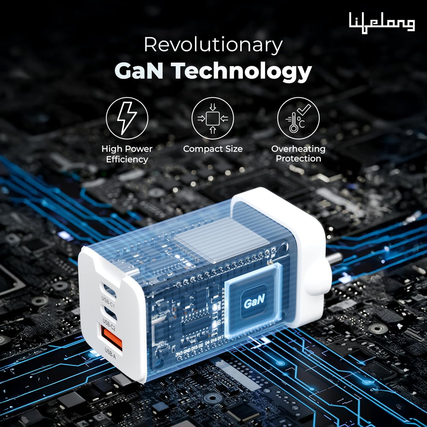 Lifelong Electronics 65W Super Fast GaN Charger PD Technology | 1 USB A + 2 Type C Ports | iPhone 17/16/15/14 (Including Pro Max), Android, Samsung | Laptops - MacBook, Dell, HP, Lenovo, Acer, ASUS (SD)
