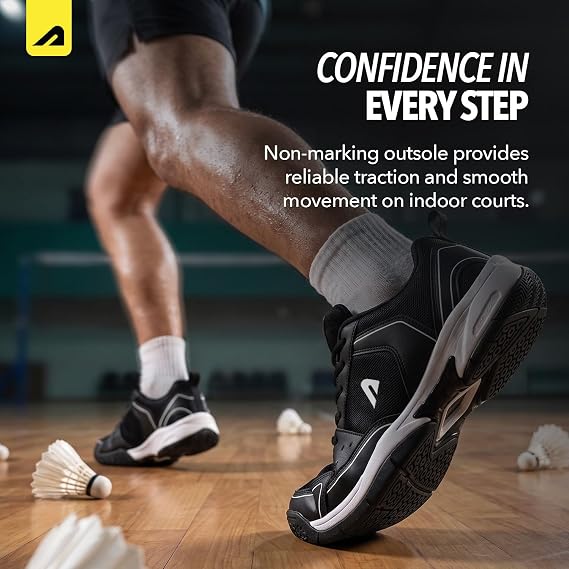 Boldfit Badminton Shoes for Man Lightweight Non Marking Shoes for Badminton Breathable Anti Skid Shoe for Man Shuttle Non Marking Indoor Shoe for Pickleball, Tennis, Padel, Black White (ASL)
