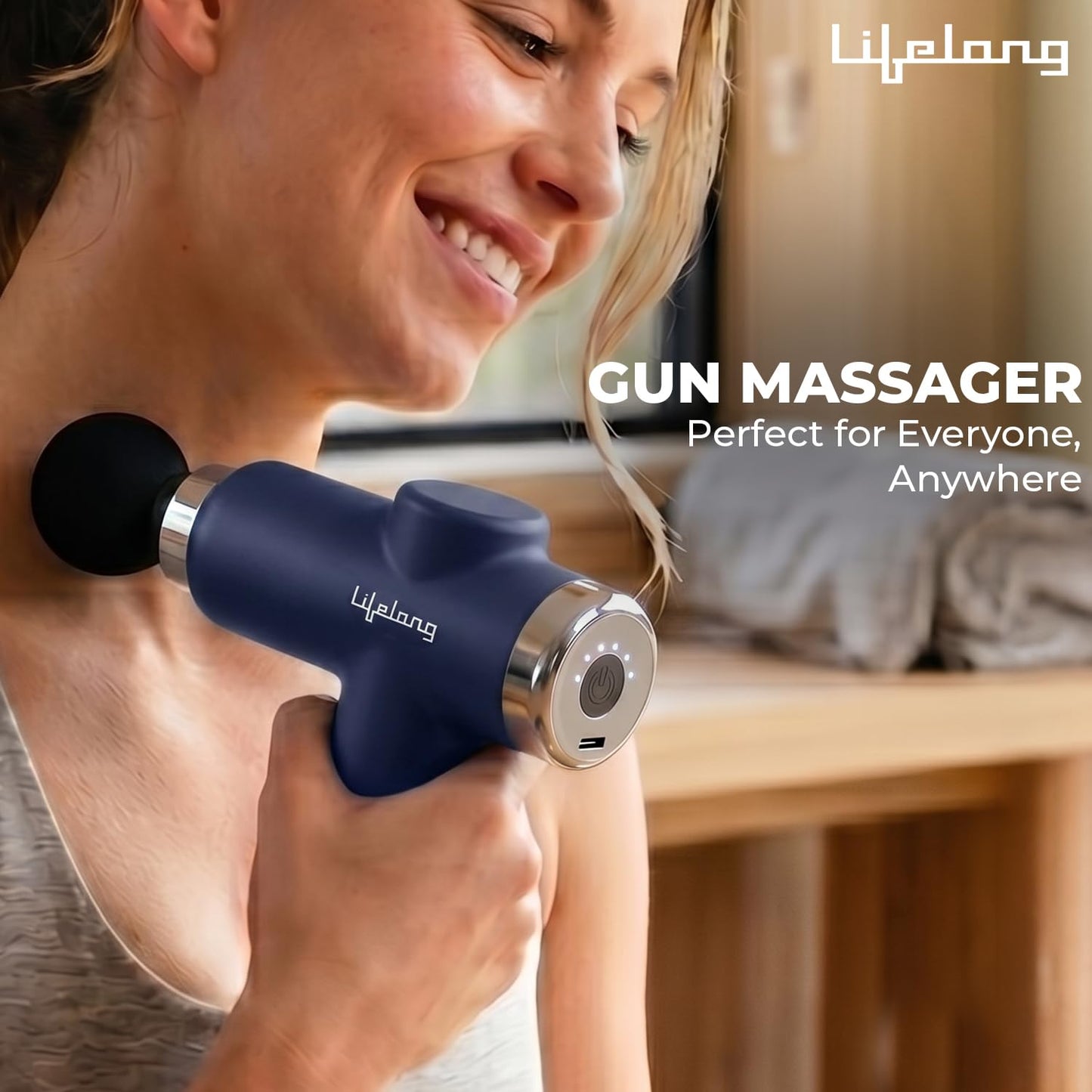 Lifelong Gun Massager for Pain Relief – 8 Massage Heads, 6 Speed Modes, Rechargeable, Quiet 20W Motor, Lightweight & Portable Deep Tissue Massager for Back, Neck, Legs & Travel Use