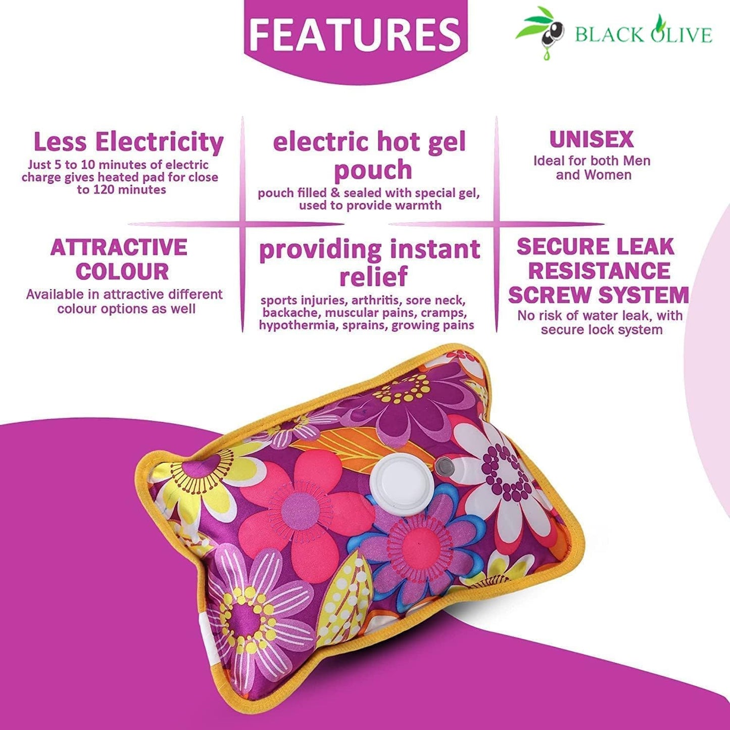 Hot Water Bag BLACK OLIVE® Heating Gel Bag For Pain Relief Electric Hot Pack Heat Pad Electric Heating Pad For Menstrual, Period Cramps, Back & Muscle Pain Men & Women With Charging Cord