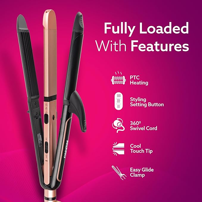 AGARO 3in1 Hair Styler, Straightener, Crimper, Curler For Women HS1119, Keratin Infused Ceramic Coated Plate, Variable Style Settings, Hair styling, Colour Black & Rose Gold