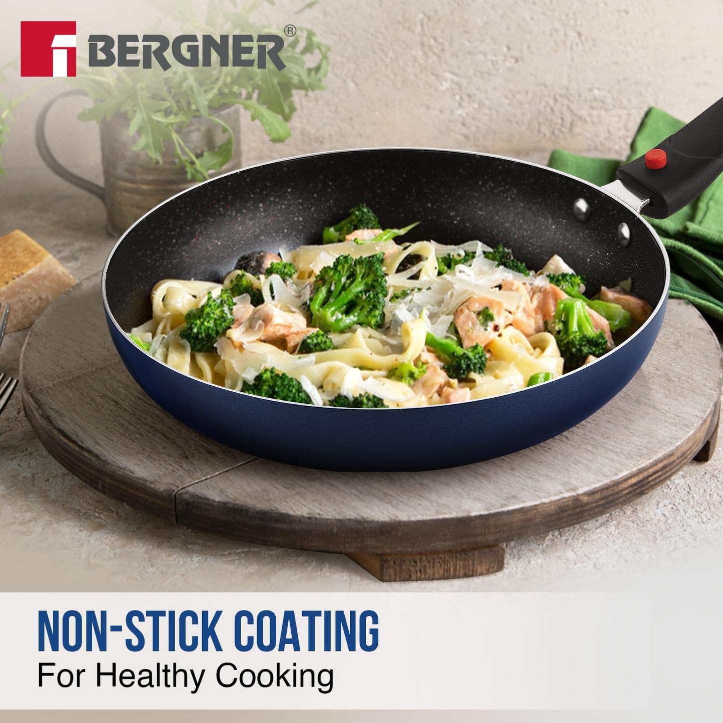 Bergner Sherry Plus 5-Layer Non-Stick Coating 6 Pcs Cookware Set with Induction Bottom and Detachable Handle, 24cm/2.5L Kadai with Lid, 24cm/1.6L Frypan, 25cm Dosa Tawa, 2 Nylon Spatulas(RD)