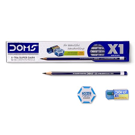DOMS X1 Xtra Super Dark Pencils Box Pack|Hexagonal Shape For Easy Holding&Comfort|Free Eraser|Scale&Pencil Cap Inside|Dark&Neat Handwriting|Pack Of 10 Pencils